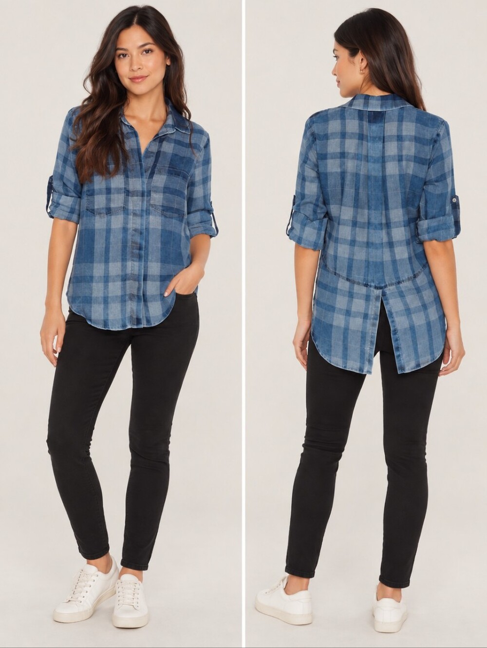 ❤️ ANTHROPOLOGIE CLOTH & STONE LIGHTWEIGHT PLAID CHAMBRAY BUTTON DOWN TOP, LARGE